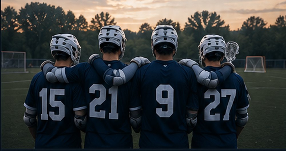 Four players huddled on the field at dusk